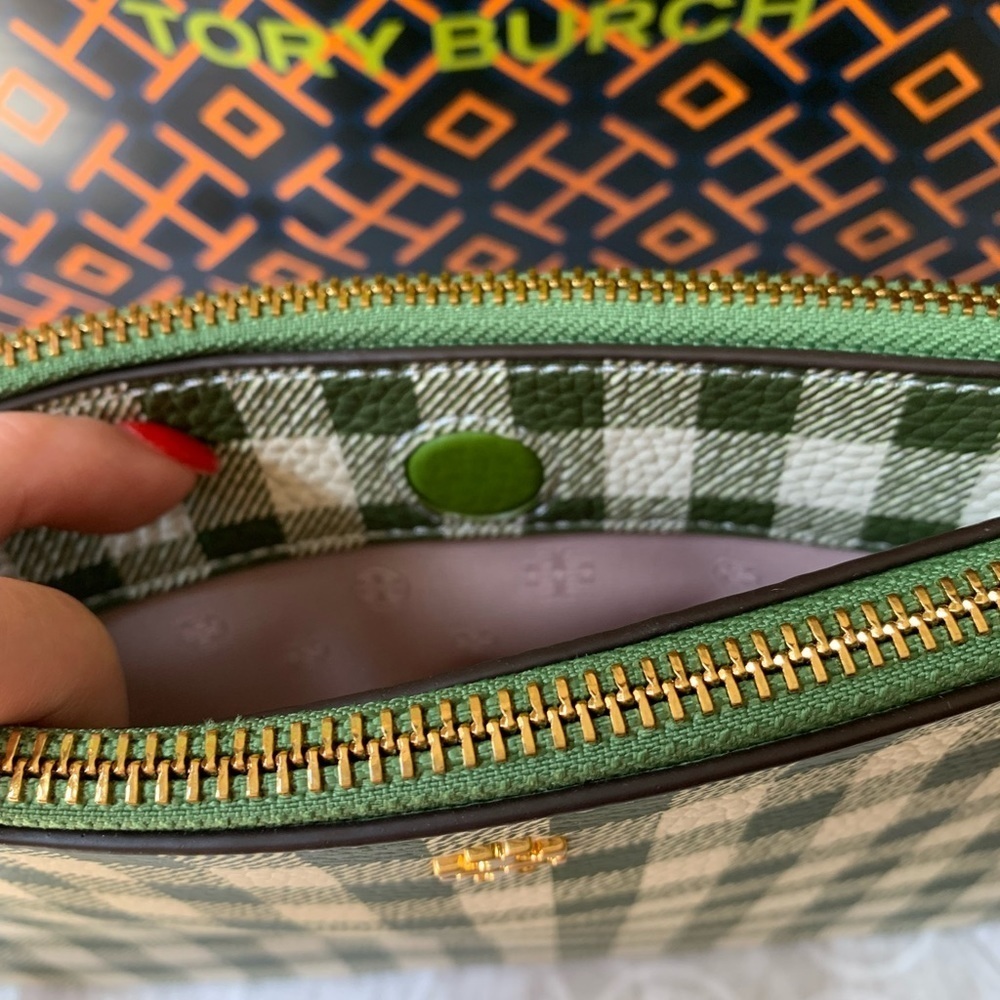Tory Burch Blake Printed Double Zip Slim Crossbody Springham Green gingham - Picture 8 of 12
